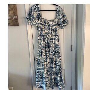 By the River Blue White Tropical Toile Smocked Puff Sleeve Midi Dress Large